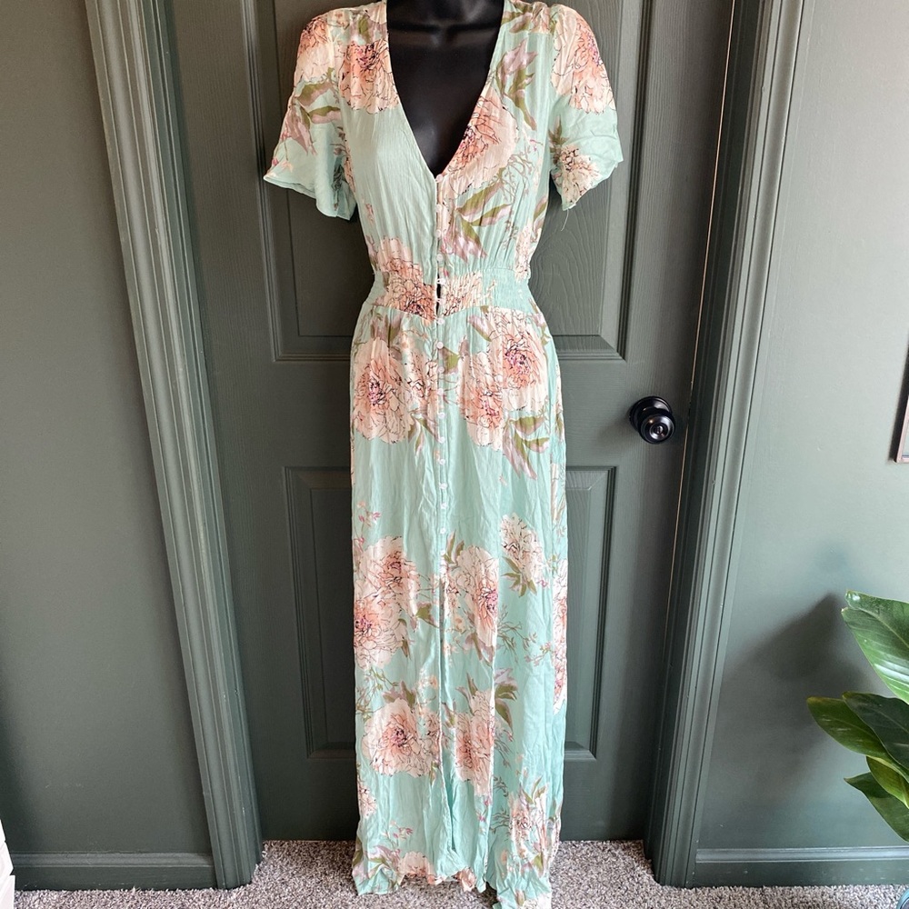 Floral Mint Maxi Dress with Smocked Waist